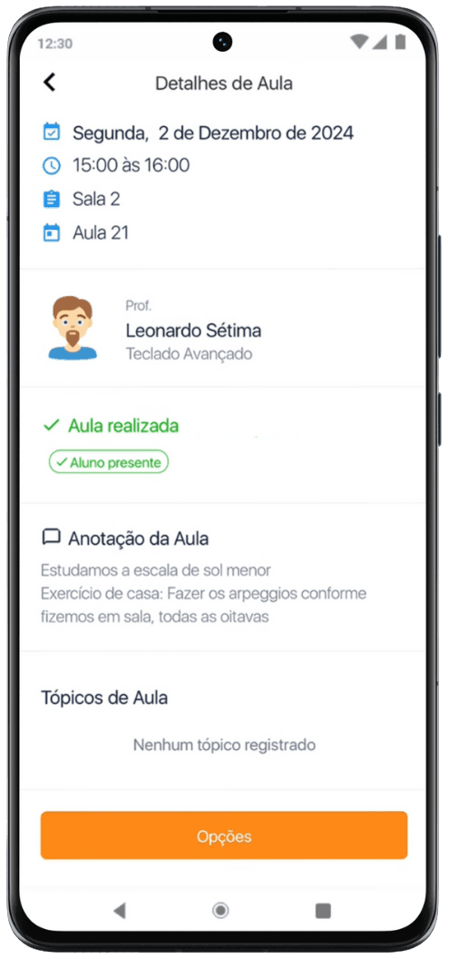 Tela do aplicativo Emusys para alunos da Sonoredo